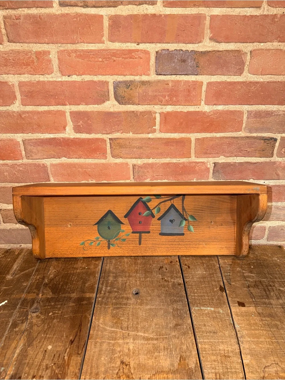 Wood Wall Shelf Hanging with Painted Birdhouses Art Folk Display Rustic
